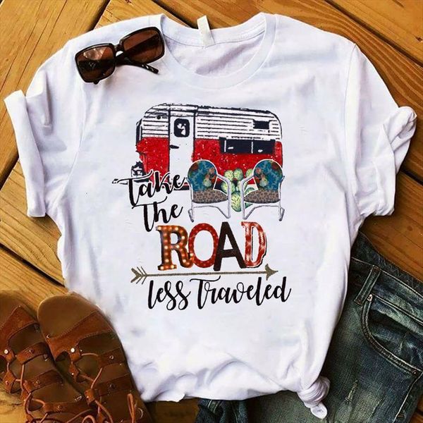 

happy camper road truck print women short sleeve tee female clothes graphic, White