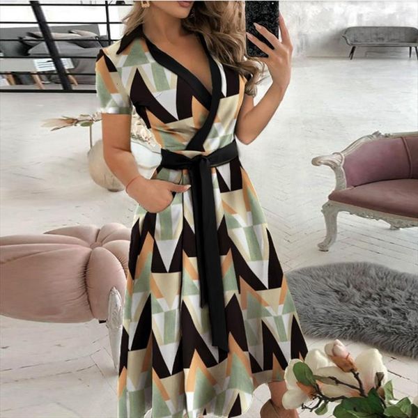 

deep v neck women dress belt shirt elegant summer short sleeve a line casual lady solid color midi vestido, Black;gray