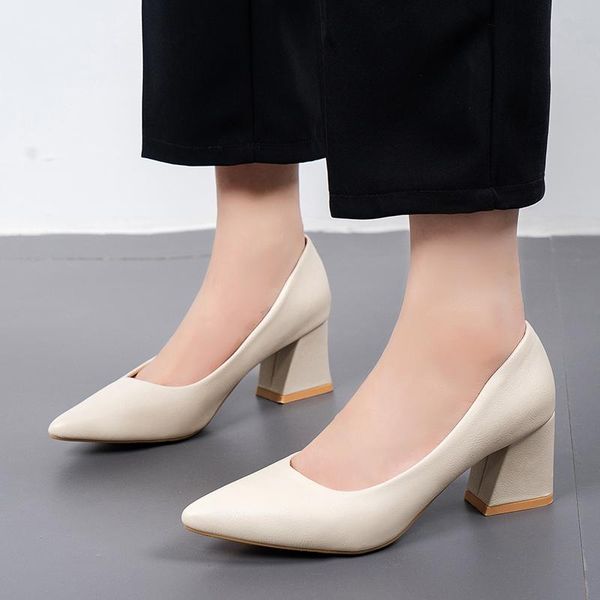 

dress shoes rimocy high heels pointed toe women pumps shallow thick heeled office work woman 2021 spring autumn solid color boat, Black