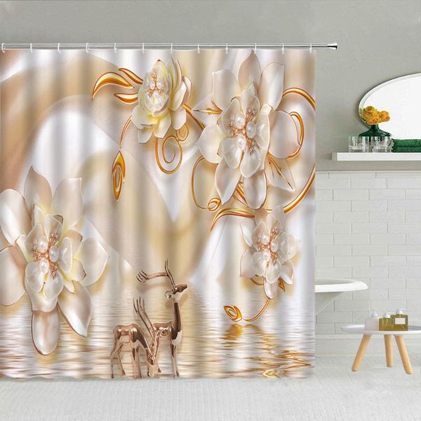

shower curtains modern luxury pearl flower curtain diamond three-dimensional rose elk bathroom decor cloth with hooks washable