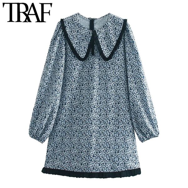 

traf women chic fashion floral print patchwork mini dress vintage peter pan collar back zipper female dresses mujer 210415, Black;gray