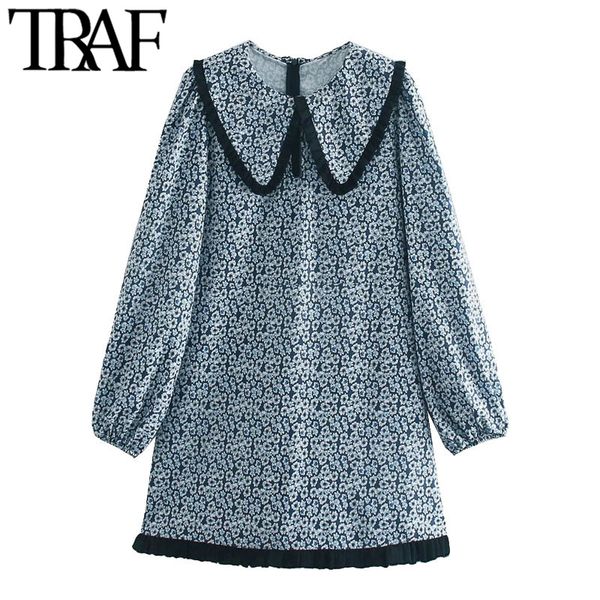 TRAF Women Chic Fashion Floral Print Patchwork Mini Dress Vintage Peter pan Collar Back Zipper Abiti femminili Mujer 210415