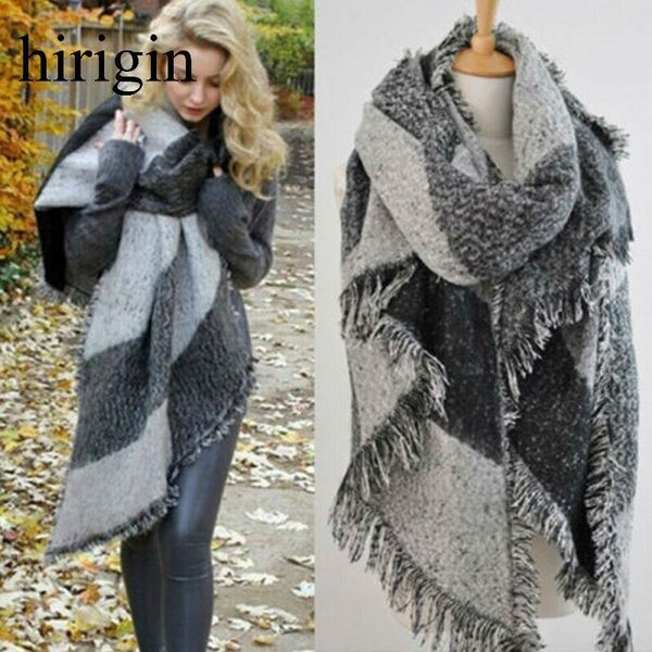

scarves fashion 2021 large women long cashmere winter wool blend soft warm plaid scarf wrap shawl tassel decor, Blue;gray