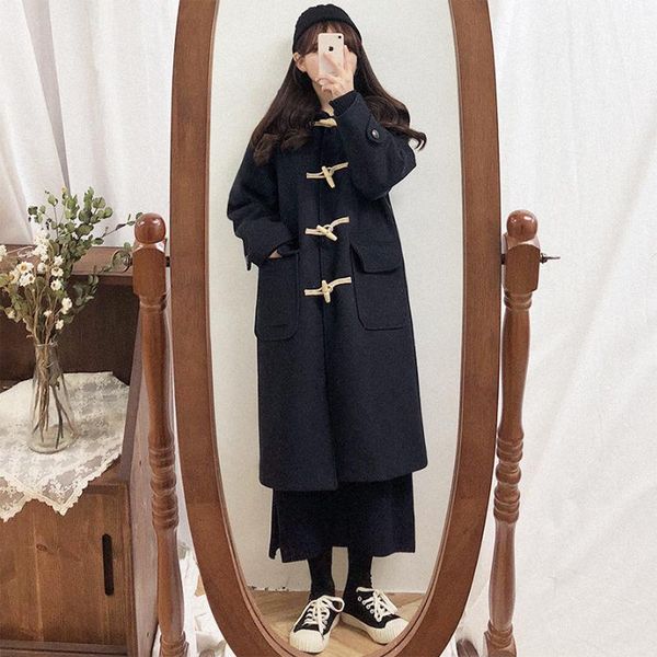 

women's wool & blends ox horn button coat middle and long autumn winter 2021 black hooded woolen tweed wn*