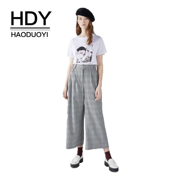 

women's pants & capris hdy haoduoyi high waist slim waistband gray plaidnine points pleated widetube, Black;white