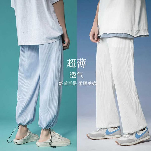 

men's pants summer pleated mens fashion blue black white casual men streetwear loose straight wide leg ice silk wgca