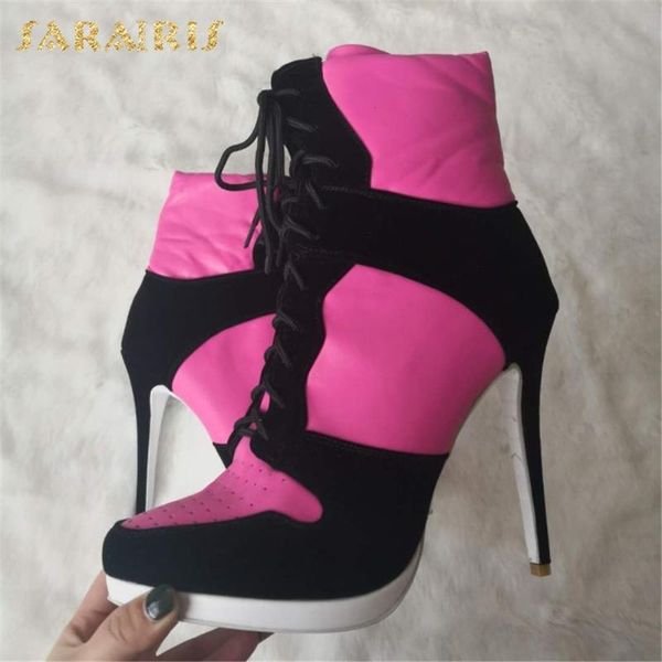 

boots sarairis 2021 fashion shoes ladies lace up super high heels luxury party trendy black pink patchwork bootie woman