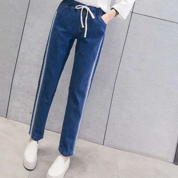 

winter elastic waist thinck velvet back pocket with hole cords women's jeans high lace up anlke length straight slim large, Blue