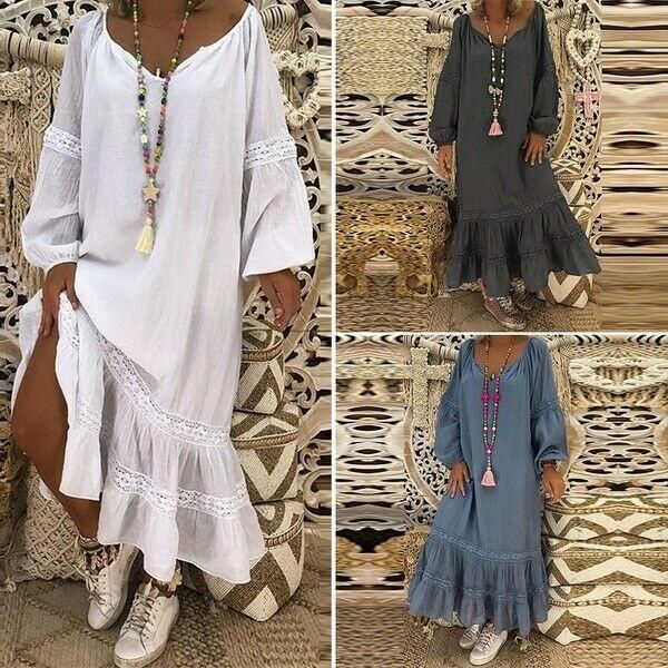 

casual dresses women's ruffled fashion long sleeve kaftan loose fit maxi boho dress, Black;gray