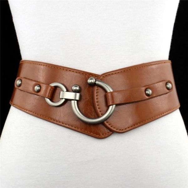 

belts fashion elastic wide belt strap vintage women faux leather buckle solid color waistband, Black;brown