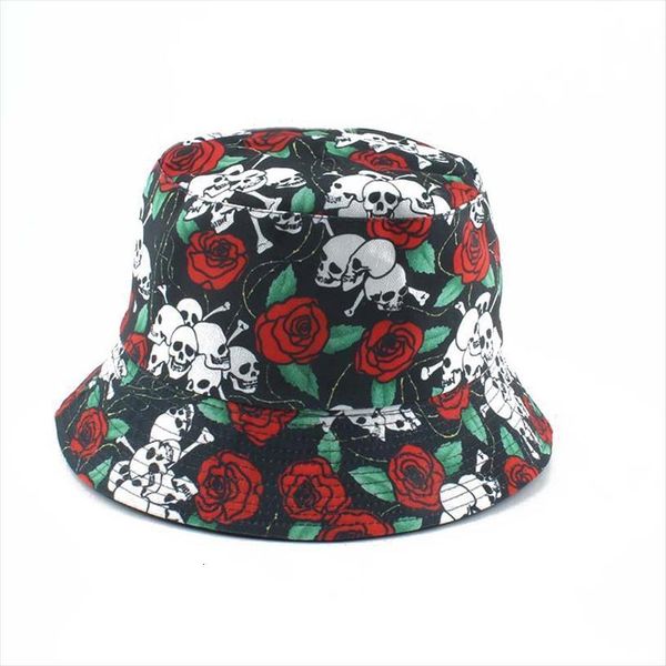 

panama fishermant hat harajuku skull and rose flower print bucket for women men reversible fishing cap, Blue;gray