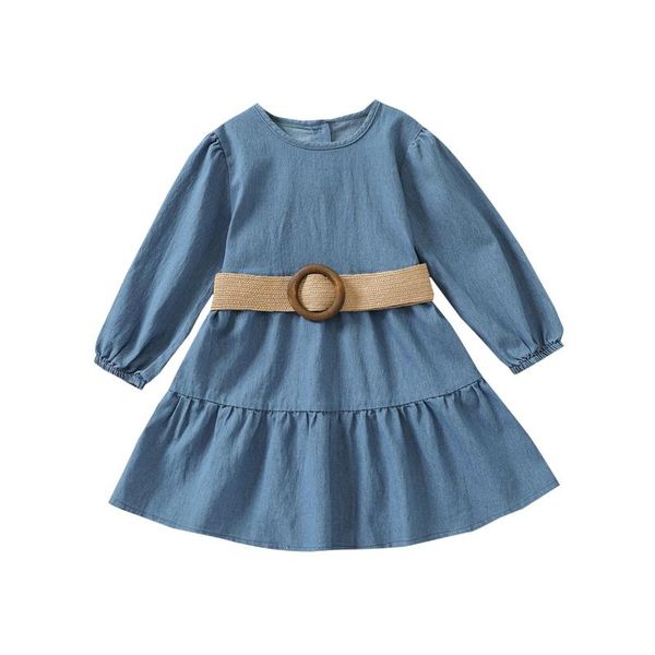 

girl's dresses autumn kids girls casual long sleeve dress belt fashion solid color back button a-line short clothes, Red;yellow