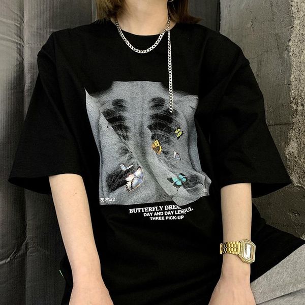 

women's t-shirt rj hip hop t shirt butterfly picture retro female streetwear harajuku high street tshirt oversized black white