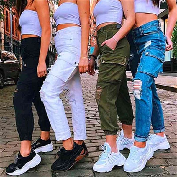 

high womens pencil ripped hole waist streetwear blend cotton pocket cargo pants p818 bw24, Black;white