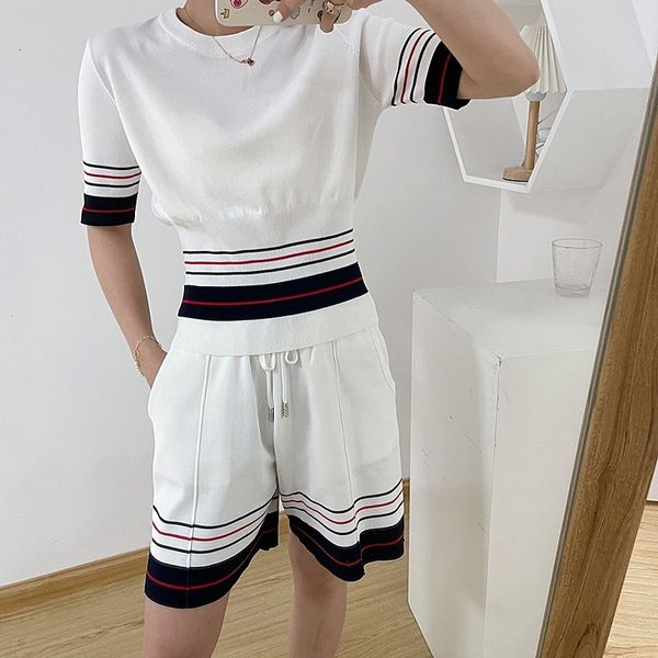 

tracksuits sportswear 2021 spring and summer tb four bar stripe contrast ice hemp round neck t-shirt short sleeve + shorts knitted set women, Gray