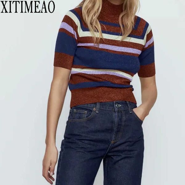 

za women fashion knitted blouses vintage color stripe stitching short sleeve stretch female shirts chic 210602, White;black
