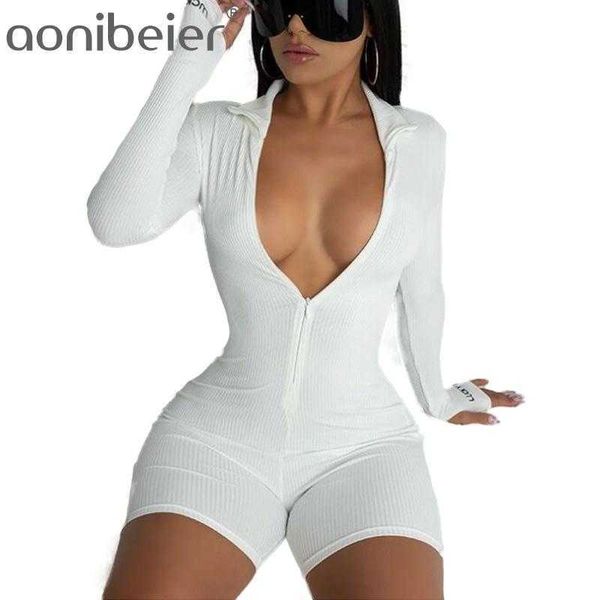 Carta Bordado Manga Longa Rib Knit Mulheres Macacões Primavera Outono Turtleneck Zipper Frente Skinny Jumpsuit Playsuit 210604