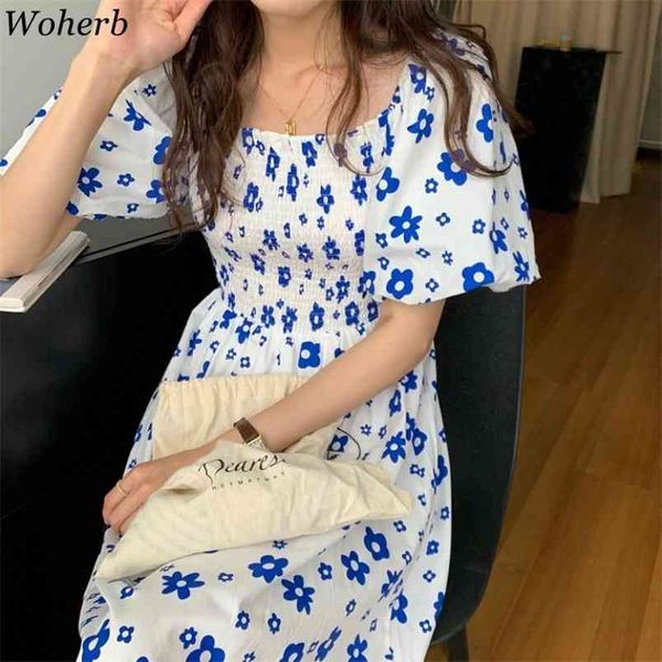 

vintage dress women square collar pleated slim waist vestidos summer puff sleeve elegant floral dresses robe 210519, Black;gray