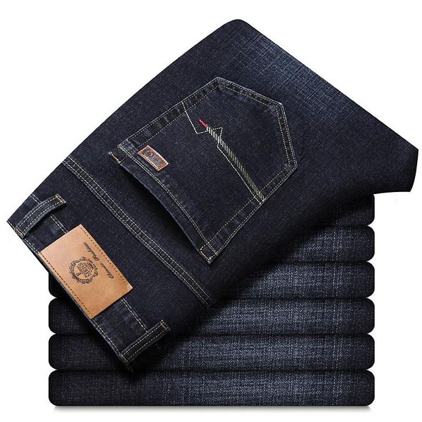 

men's jeans 2021 thick autumn winter classic blue black slim-fit business cotton elastic denim pants male brand trousers