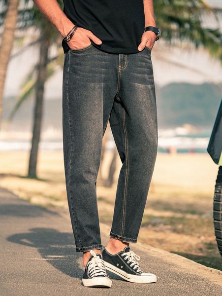 

men slant pocket loose fit straight leg jeans 93lk#, Blue