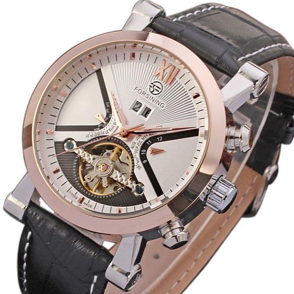 

forsining classic tourbillon men's watch automatic gold calendar clock mechanical wristwatches, Slivery;brown