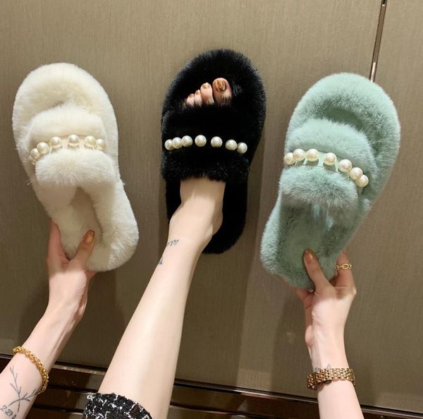 

slippers classics retro pearl faux fur women designer soft fluffy flat indoor slides winter plush furry shoes chic home, Black