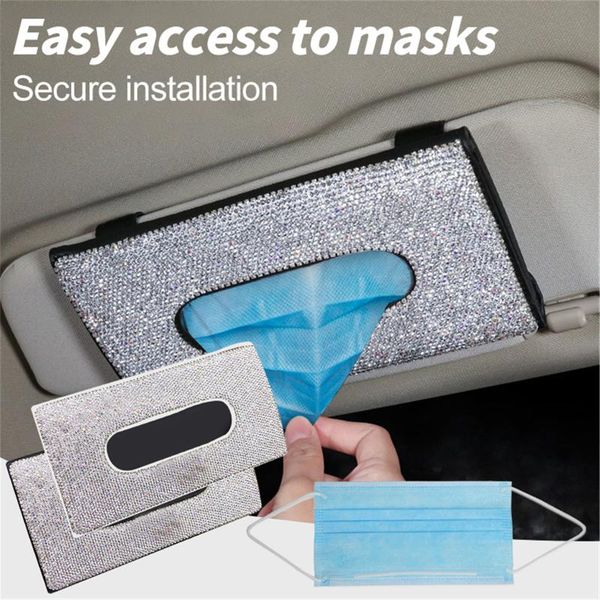 

car organizer visor mask holder diamond encrusted for car, efillable with up to (20) 3-ply draw type plastic storage box pumping 2103