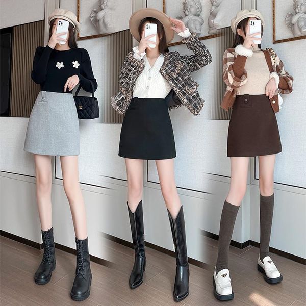 

skirts woolen women's short skirt 2021 winter all-match a-line high waist slim korean version of the hip, Black