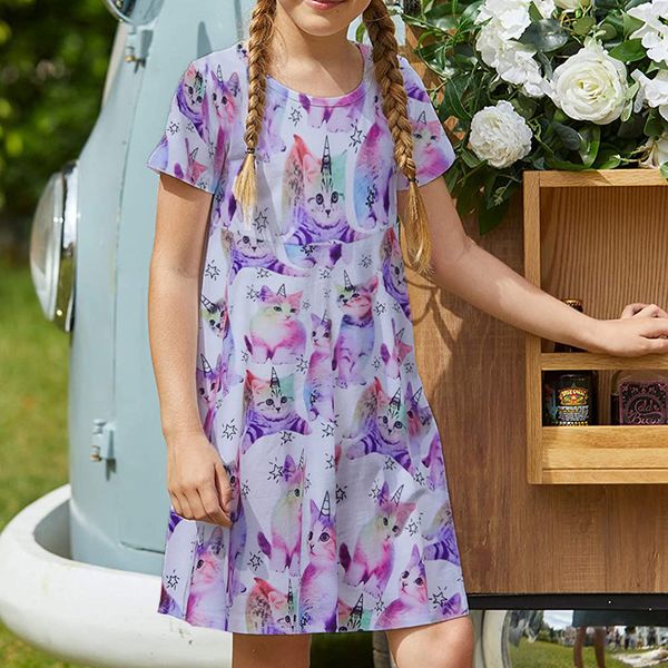 

cat personality design girls dress short-sleeved printed dress children's casual dress a-line skirt length over the knee simple, elegan, Red;yellow