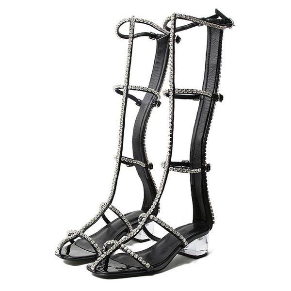

sandals luxury crystal strappy gladiator women long fashion buckle square heel shoes woman hollow out boots lady, Black
