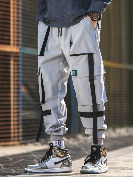 

men ribbon flap pocket cargo pants y8hh#, Black