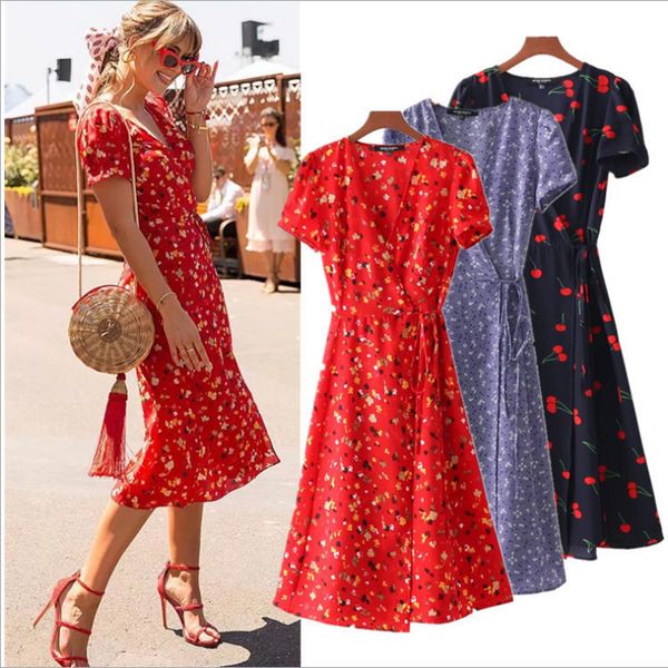 

fashion dress exclusive women's printed floral bubble sleeve wrap v-neck, Black;pink
