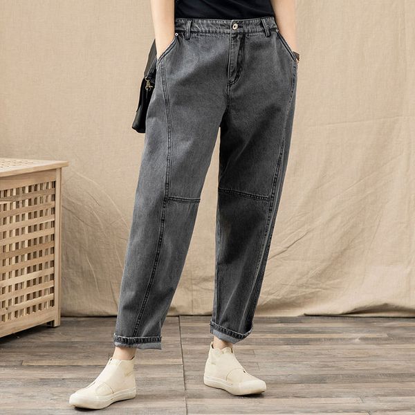 

2021 spring korea fashion women high waist loose vintage gray jeans all-matched casual cotton denim harem pants plus size s896, Blue