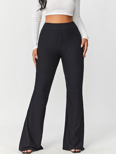

solid rib knit flare leg pants 367z#, Black;white