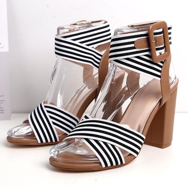 

summer women sandals ankle strap high heels open toe shoes woman stripe straps stiletto block heel sandal plus size, Black
