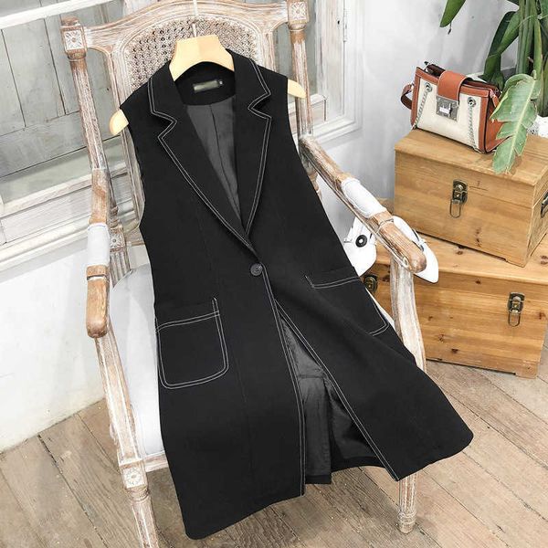 plus size donna autunno elegante gilet femminile lungo cintura sottile da donna di alta qualità senza maniche giacca da ufficio cappotto 210527