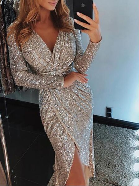 

elegant sequined glitter party dress women v neck bodycon slim glitter dress vestidos long sleeve ladies club party dresses, Black;gray