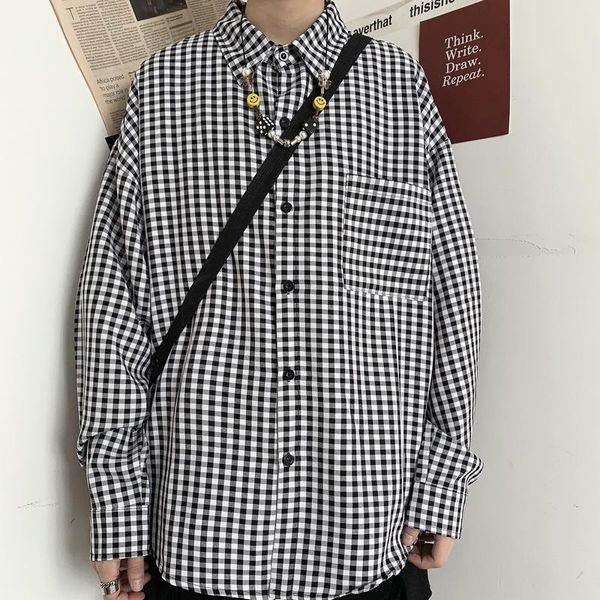 

autumn shirt women commuter vintage black white plaid loose long sleeve blouse harajuku checkerboard man women's blouses & shirts