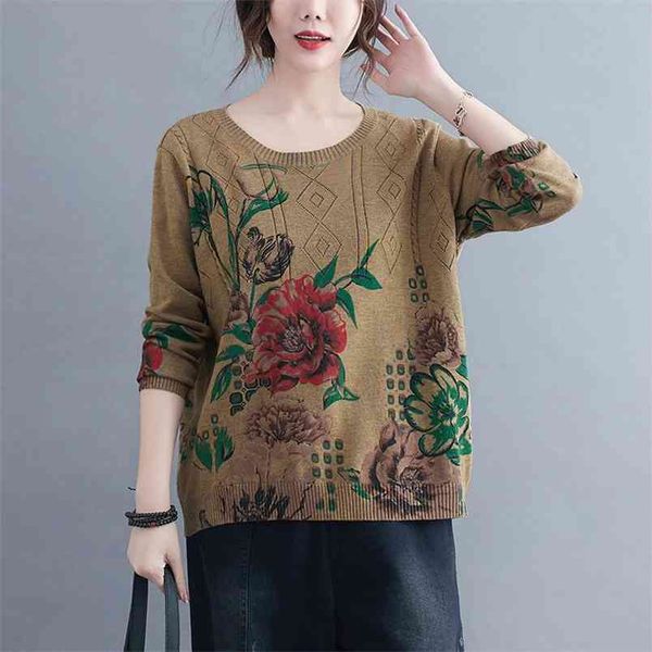 

literary print round neck sweater knitwear spring and autumn pullover loose versatile outer wear base coat women 210427, White;black