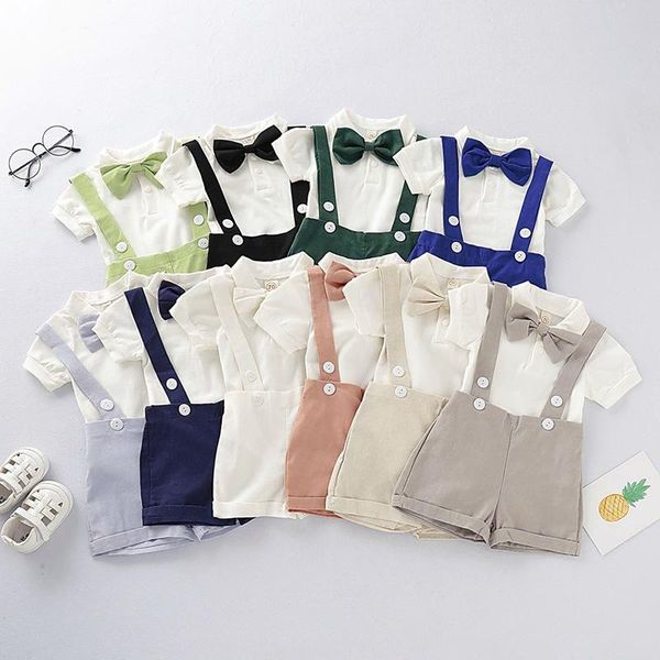 

clothing sets 3 pcs born solid color outfits, baby boys short sleeve lapel romper + suspender pants bow tie, White