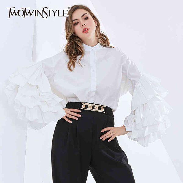 

twotwinstyle woven shirts for women stand collar lantern long sleeve patchwork ruffles designer casual blouses female 210517, White
