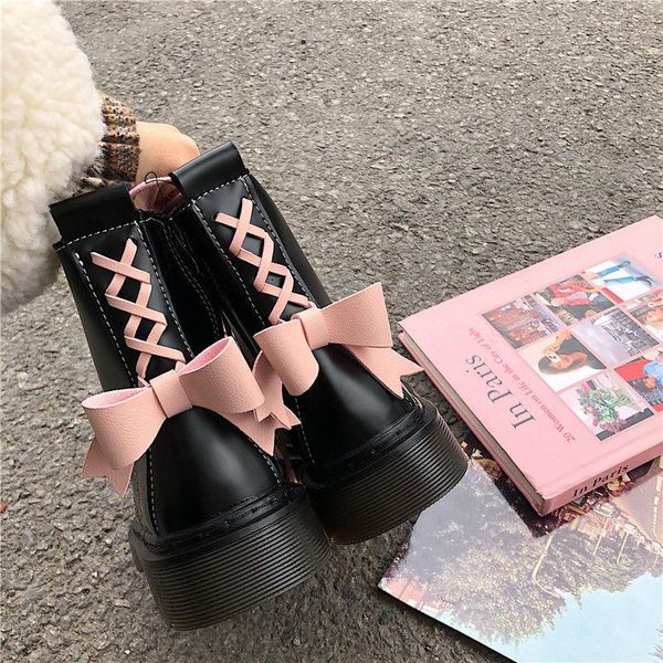

boots pink bow women's english short versatile 2021 spring student street fashion single, Black