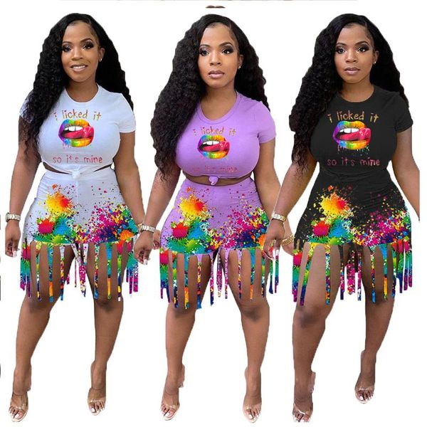 

women's tracksuits casual fashion tracksuit for woman tassel lips splash ink printing short slim skirt bottom 2 piece sets outfits, Gray