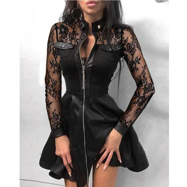 

casual dresses autumn zipper pockets pu leather dress women lace mesh sleeve patchwork party elegant stand neck button mini, Black;gray