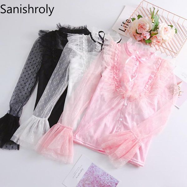 

women's blouses & shirts sanishroly 2021 autumn women flare sleeve blouse sweet bow lace female ruffles long mesh short se329, White