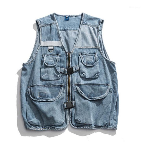 

men's jackets v-neck multi pocket denim jacket sleeve cargo style waistcoat men fashion hip hop vest zipper up mens chaqueta vintage bl, Black;brown