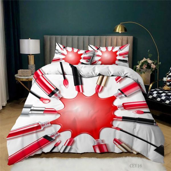 

bedding sets 3d print cosmetics home textile bed for girl lipstick, nail polish cover&2pcs pillowcase 100% polyester