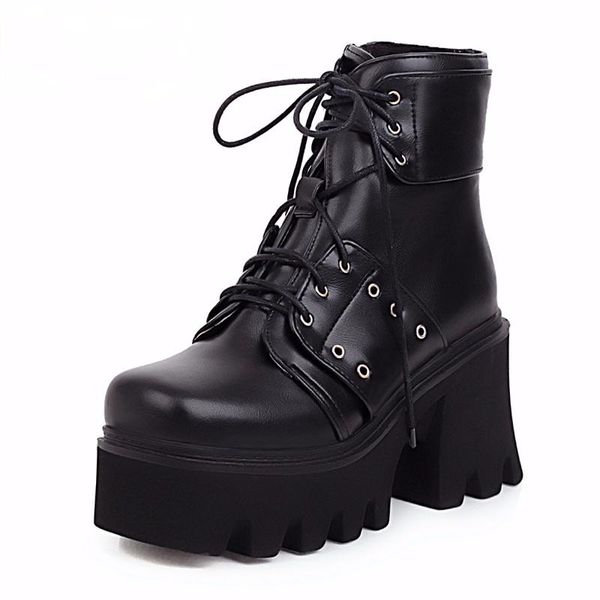 

boots 2021 round toe metal rivets ankel for women black two styles gothic female shoes wedges high heels