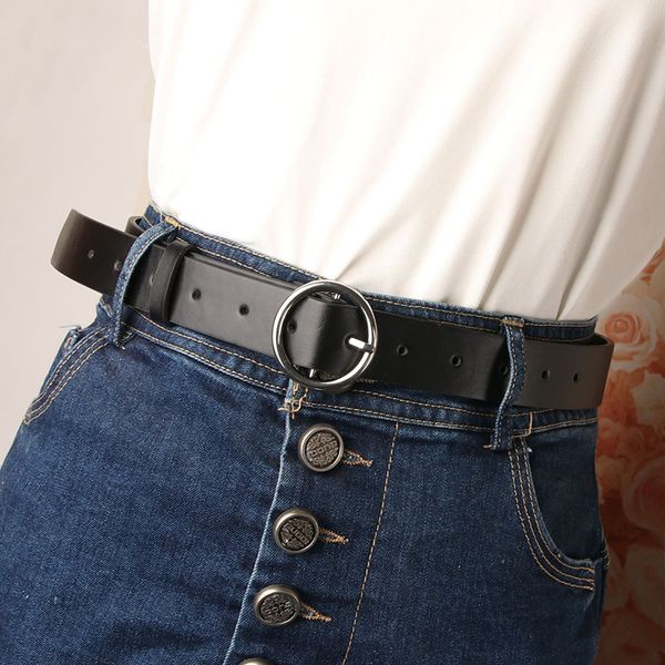 

women's student jeans with black classic versatile alloy white k round button decorative belt, Silver