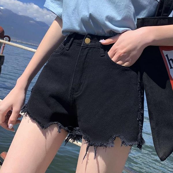

summer streetwear hole wide leg womens shorts black denim casual loose solid color white jeans, White;black